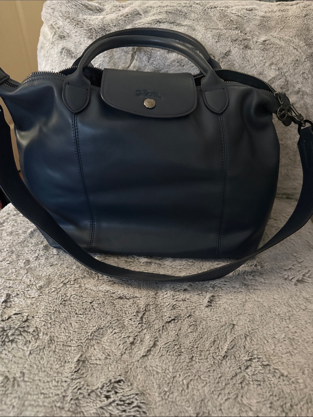 Longchamp Navy Leather Duffel Bag with Detachable Strap